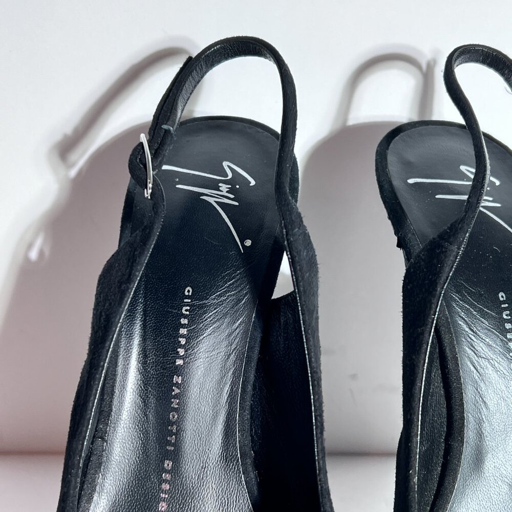 Giuseppe Zanotti Blk Suede Snakeskin High Heel Peeptoe Slingback Pump Sz 8.5 - Picture 7 of 15